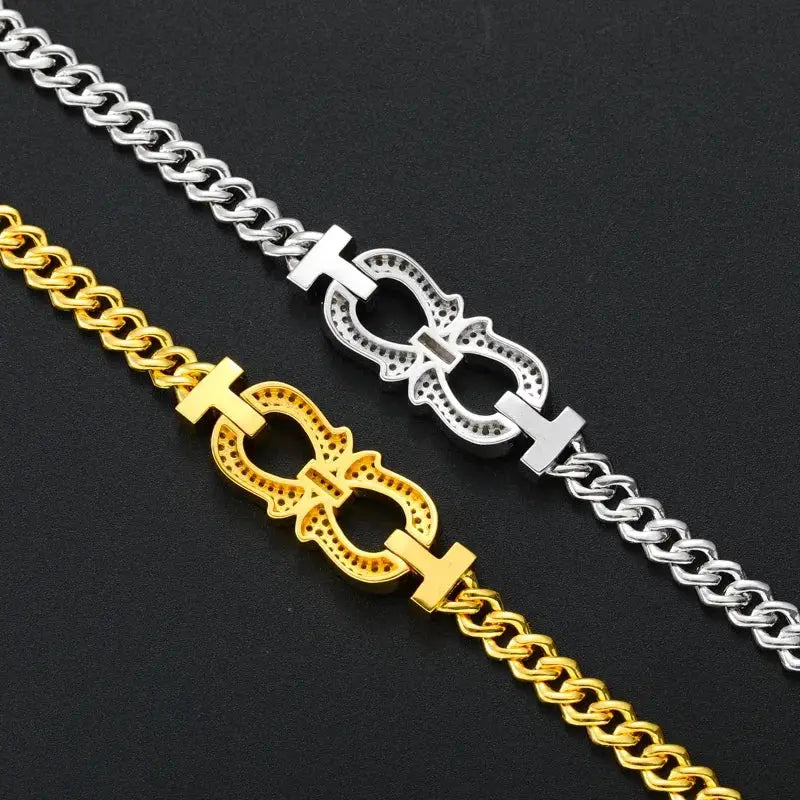 TUHE Silver Plated Copper Cuban Link Bracelet Iced Out Cubic Zirconia Double Horseshoe Charm For Men Hip Hop Jewelry