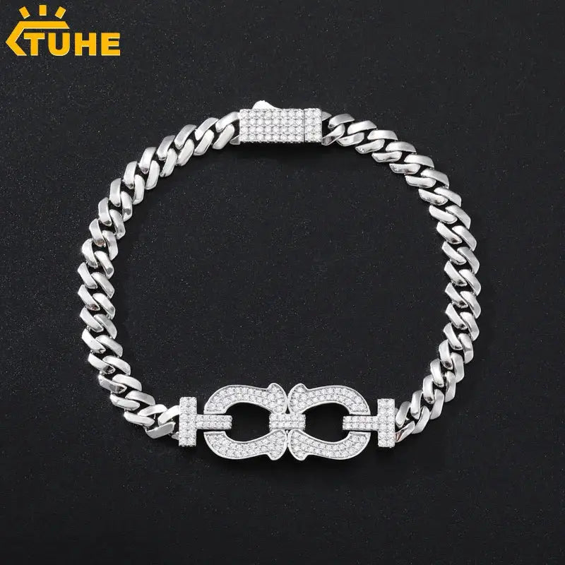 TUHE Silver Plated Copper Cuban Link Bracelet Iced Out Cubic Zirconia Double Horseshoe Charm For Men Hip Hop Jewelry