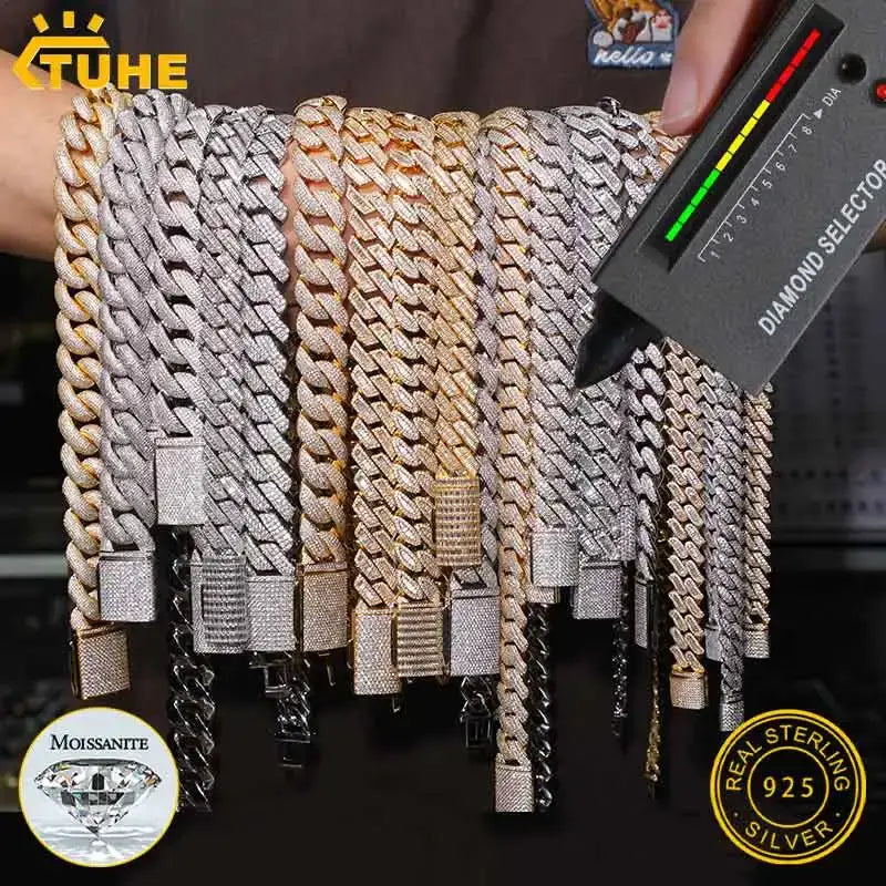 TUHE Unisex D Color Moissanite Cuban Chain Necklace S925 Silver High Quality 6MM-20MM Cuban Link Chain Men Hip Hop