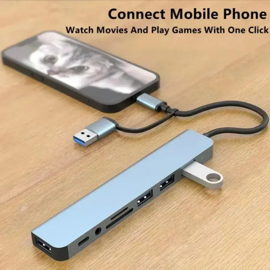 TYPE-C Hub USB3.0 Hub 8 in 2 USB Extender with SD/TF Card Reader& 3.5mm Audio Jack for MacBook/PC/Laptop/Tablet Devices