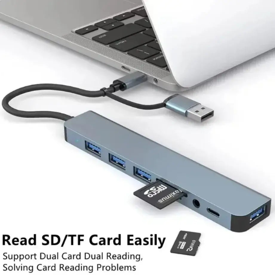 TYPE-C Hub USB3.0 Hub 8 in 2 USB Extender with SD/TF Card Reader& 3.5mm Audio Jack for MacBook/PC/Laptop/Tablet Devices