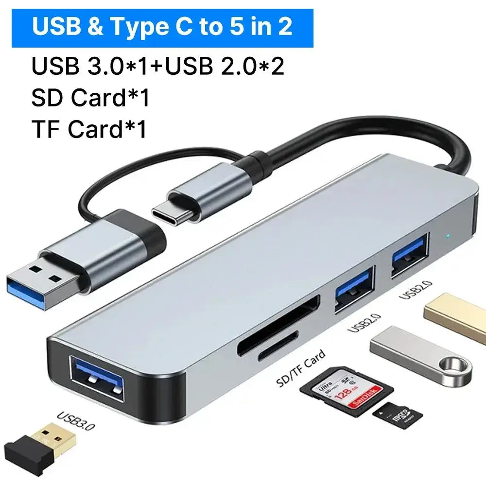 TYPE-C Hub USB3.0 Hub 8 in 2 USB Extender with SD/TF Card Reader& 3.5mm Audio Jack for MacBook/PC/Laptop/Tablet Devices