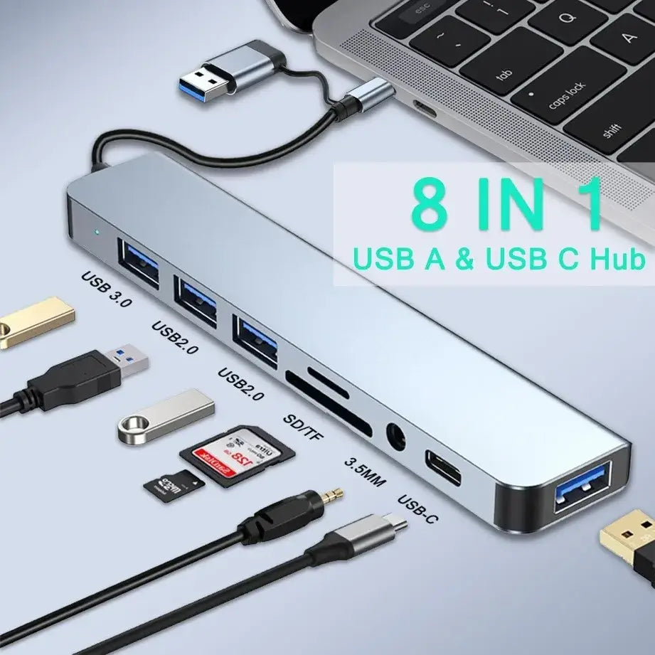 TYPE-C Hub USB3.0 Hub 8 in 2 USB Extender with SD/TF Card Reader& 3.5mm Audio Jack for MacBook/PC/Laptop/Tablet Devices