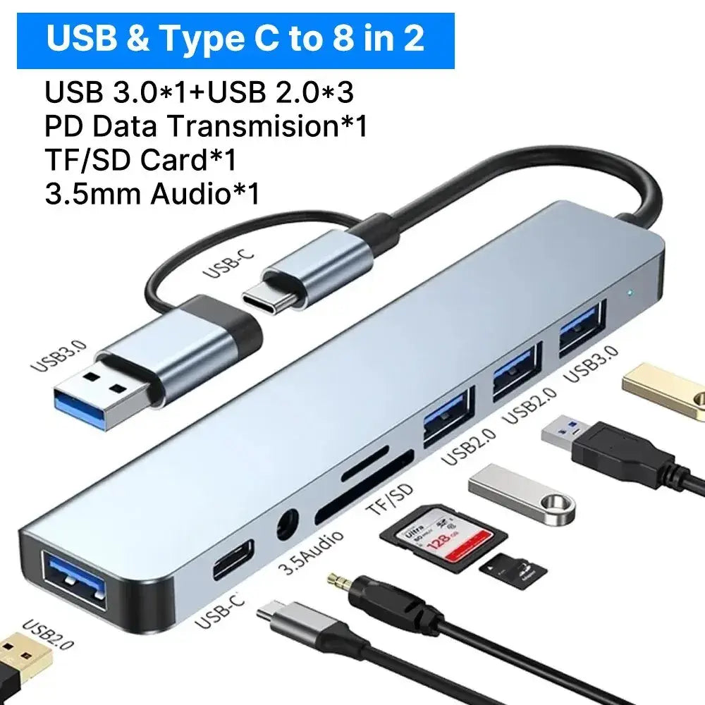 TYPE-C Hub USB3.0 Hub 8 in 2 USB Extender with SD/TF Card Reader& 3.5mm Audio Jack for MacBook/PC/Laptop/Tablet Devices