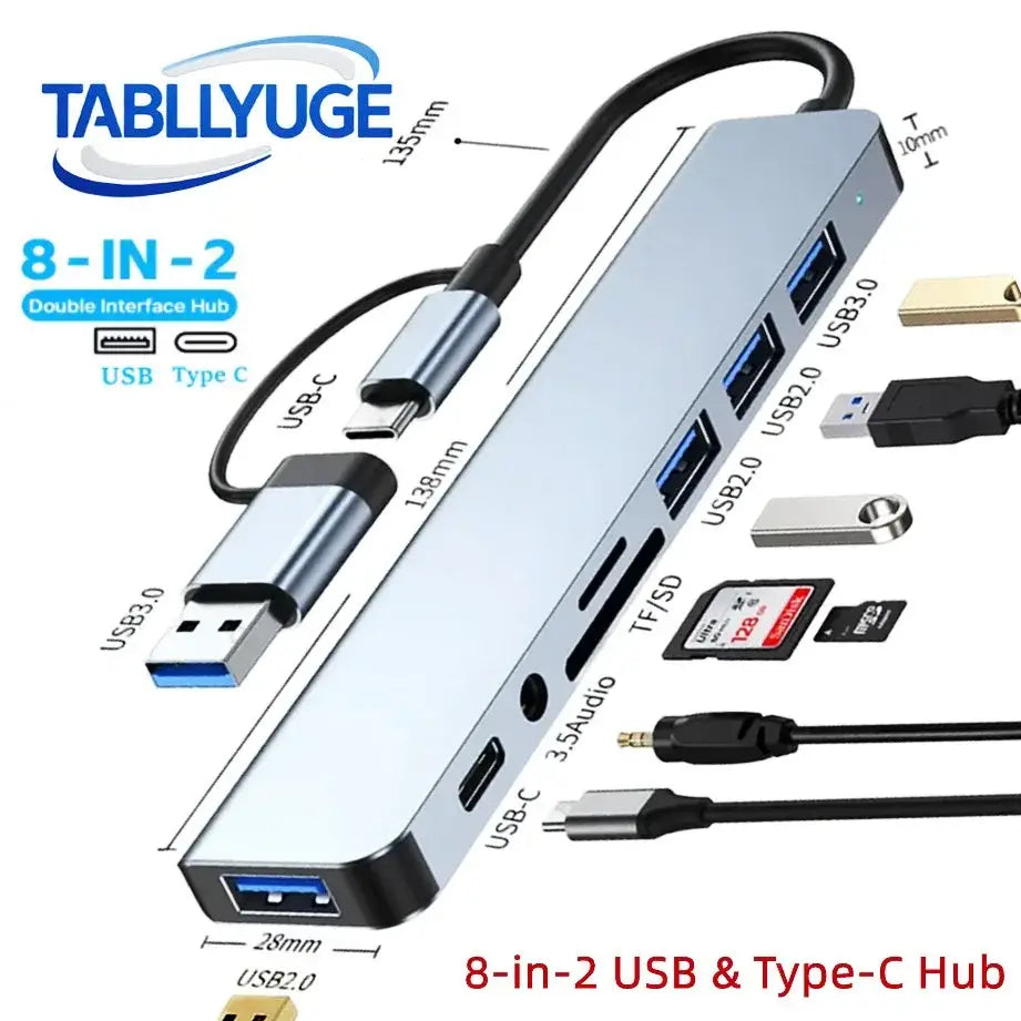 TYPE-C Hub USB3.0 Hub 8 in 2 USB Extender with SD/TF Card Reader& 3.5mm Audio Jack for MacBook/PC/Laptop/Tablet Devices