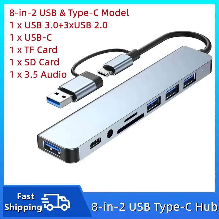 TYPE-C Hub USB3.0 Hub 8 in 2 USB Extender with SD/TF Card Reader& 3.5mm Audio Jack for MacBook/PC/Laptop/Tablet Devices