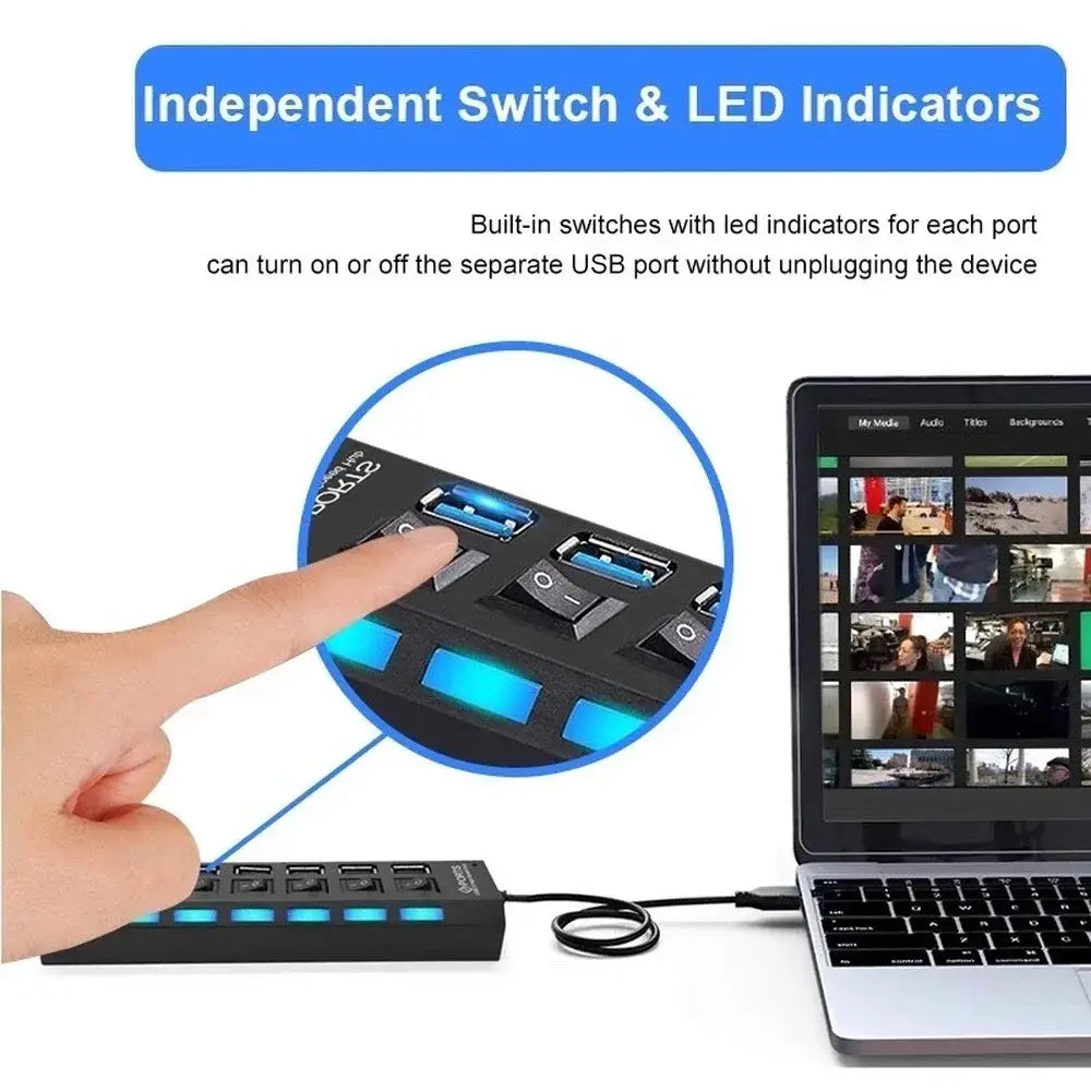 R&z - USB Splitter Power Adapter Multiple Expander With On Off Switch For PC Laptop MacBook Accessories