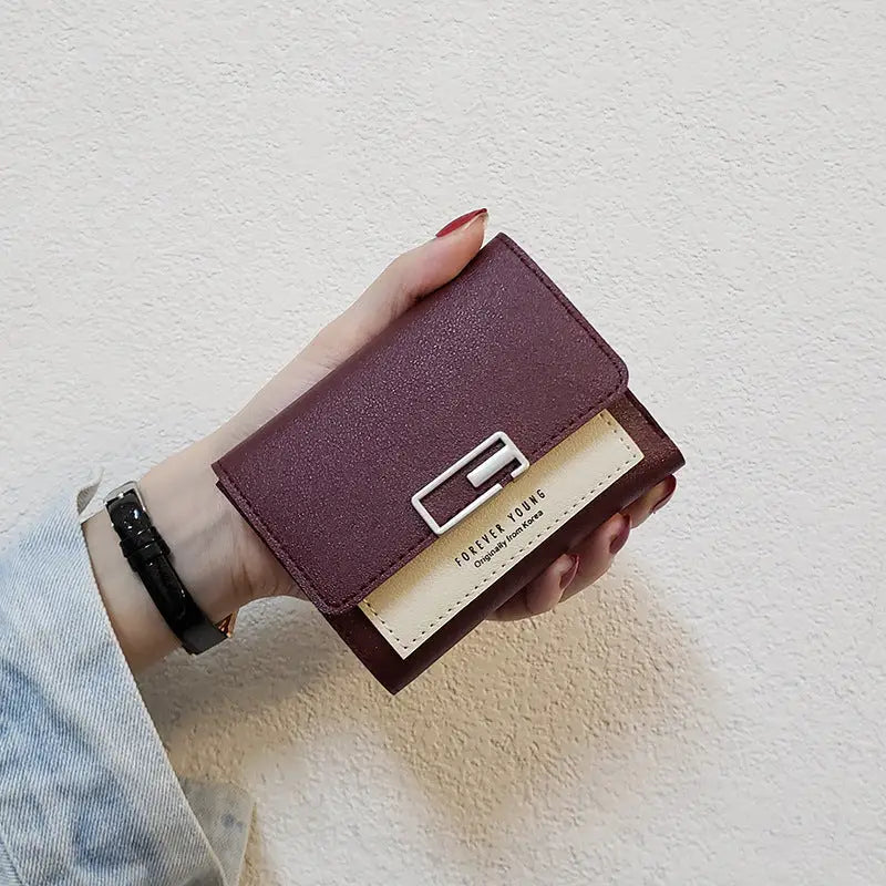 Women’s Fashion Simple Folding Wallet with Contrast Design - Wine Red