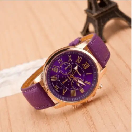 Women's Fashion Watch with White Purple Leather Strap and Rose Gold Dial