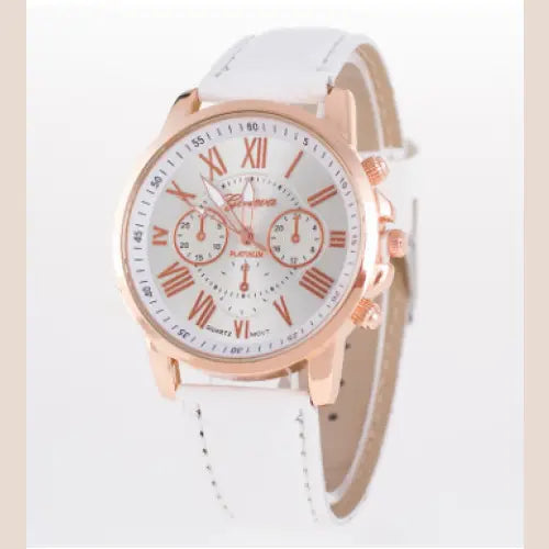 Women's Fashion Watch with White Leather Strap and Rose Gold Dial