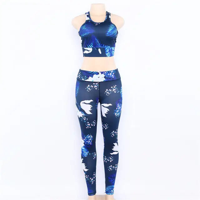Women’s Floral Print Yoga Set - Bra & Leggings Outfit - Blue / L