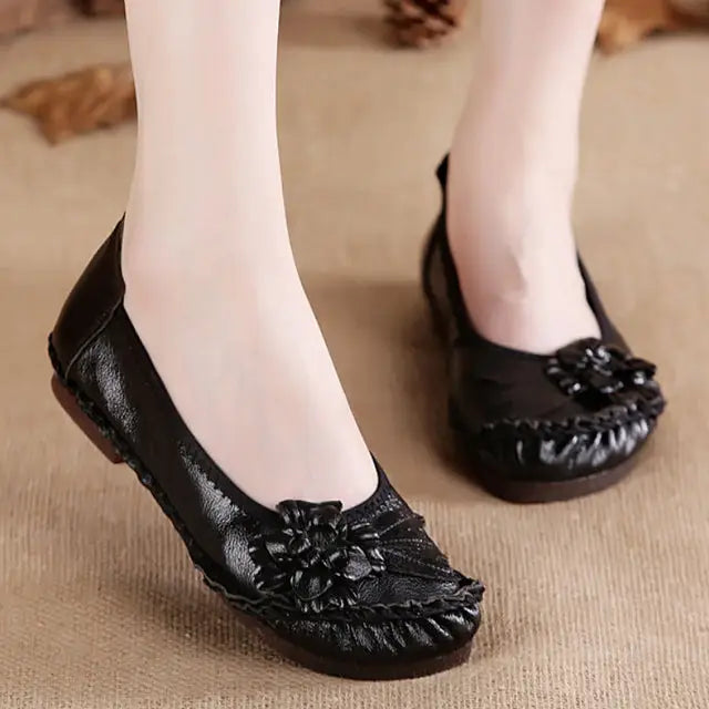 Women’s High-Quality Leather Oxford Casual Flats - Black / 36