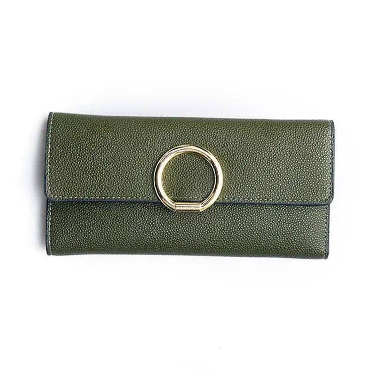 Olive green textured leather women’s wallet clutch handbag with gold-toned circular clasp and horizontal square shape