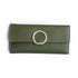 Olive green textured leather women’s wallet clutch handbag with gold-toned circular clasp and horizontal square shape