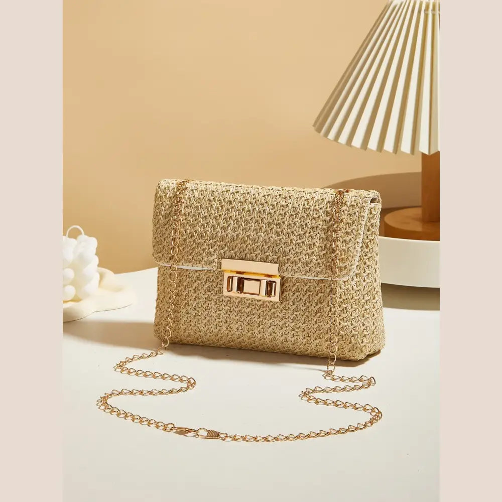 Woven Straw Handwoven Women’s Shoulder Bag Fashion Solid Color Crossbody Purse with Lock Closure - Khaki - Women’s Bags