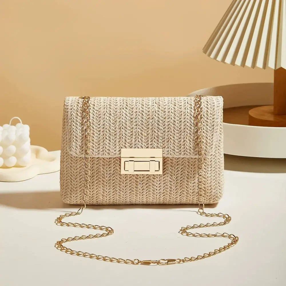Woven Straw Handwoven Women’s Shoulder Bag Fashion Solid Color Crossbody Purse with Lock Closure - Beige - Women’s Bags