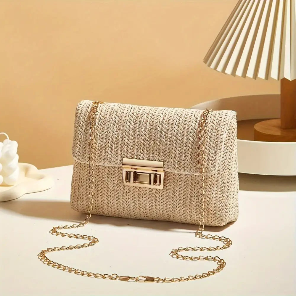 Woven Straw Handwoven Women’s Shoulder Bag Fashion Solid Color Crossbody Purse with Lock Closure - Women’s Bags