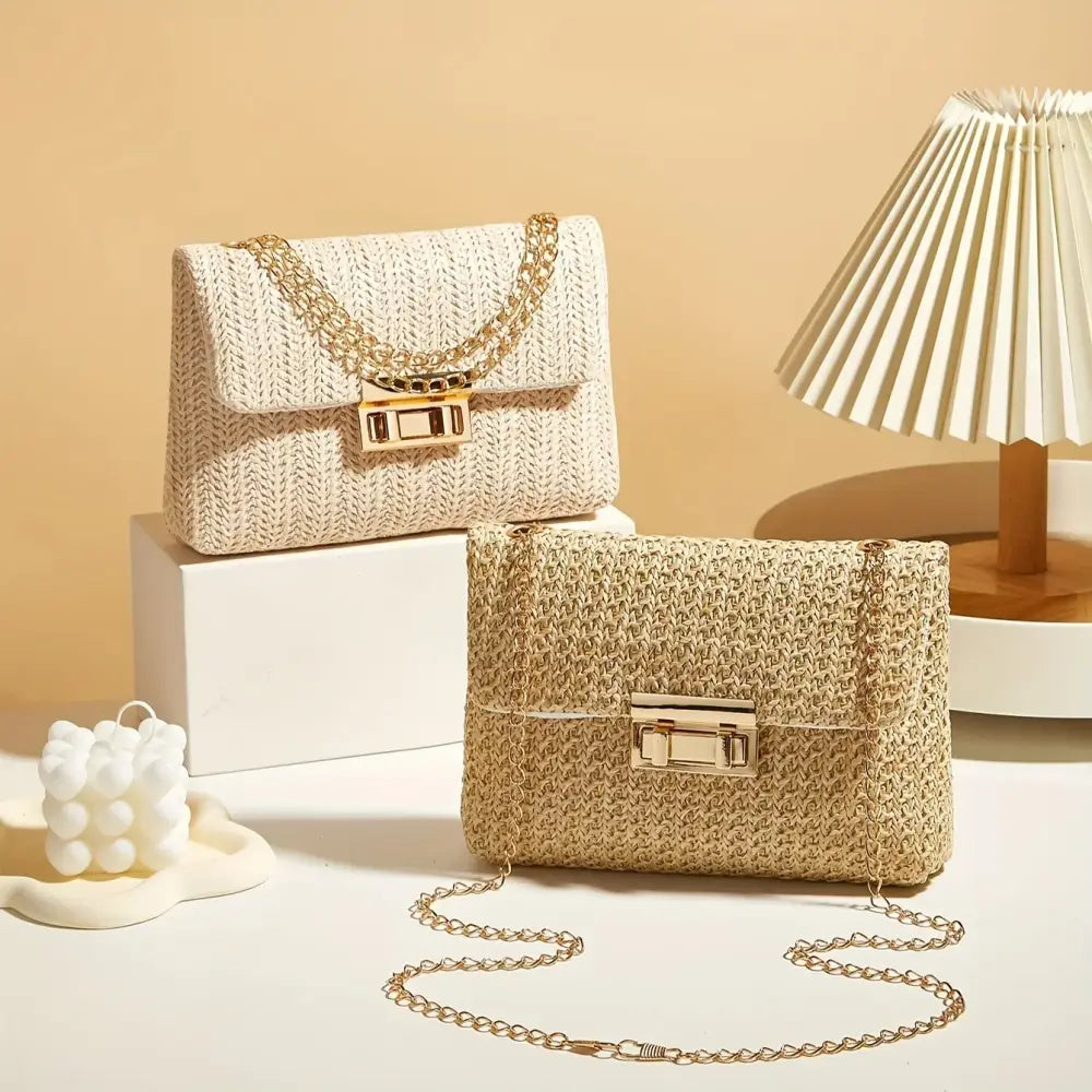 Woven Straw Handwoven Women’s Shoulder Bag Fashion Solid Color Crossbody Purse with Lock Closure - Women’s Bags