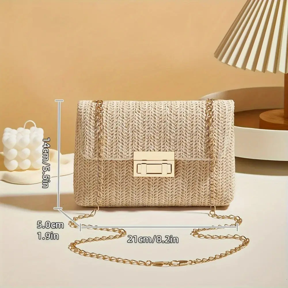 Woven Straw Handwoven Women’s Shoulder Bag Fashion Solid Color Crossbody Purse with Lock Closure - Women’s Bags