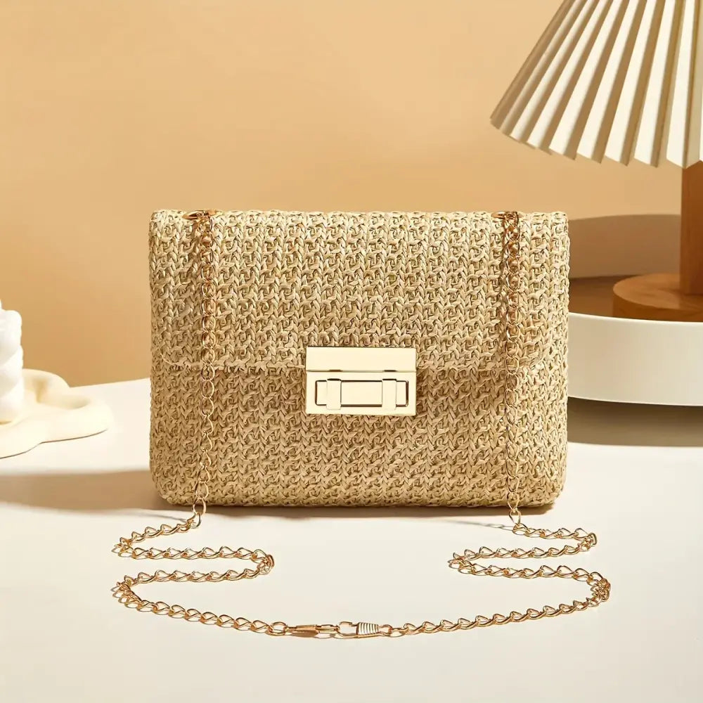 Woven Straw Handwoven Women’s Shoulder Bag Fashion Solid Color Crossbody Purse with Lock Closure - Women’s Bags