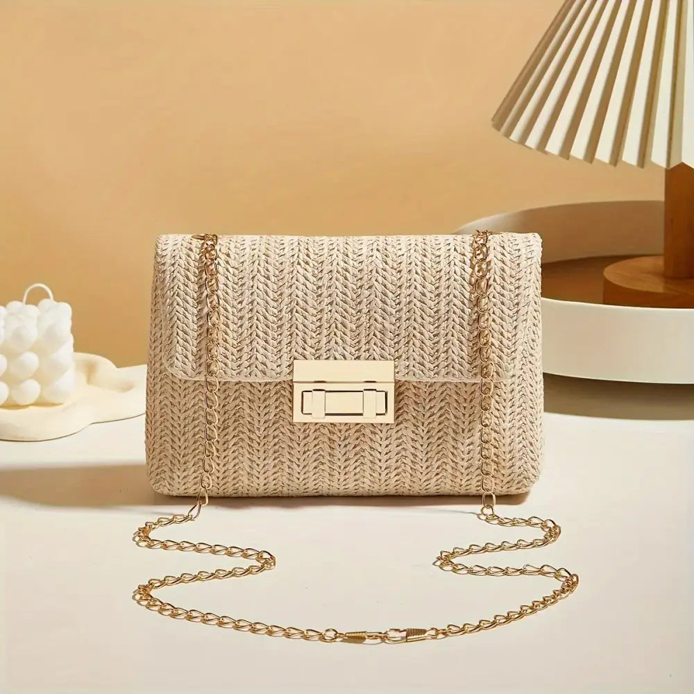 Woven Straw Handwoven Women’s Shoulder Bag Fashion Solid Color Crossbody Purse with Lock Closure - Women’s Bags