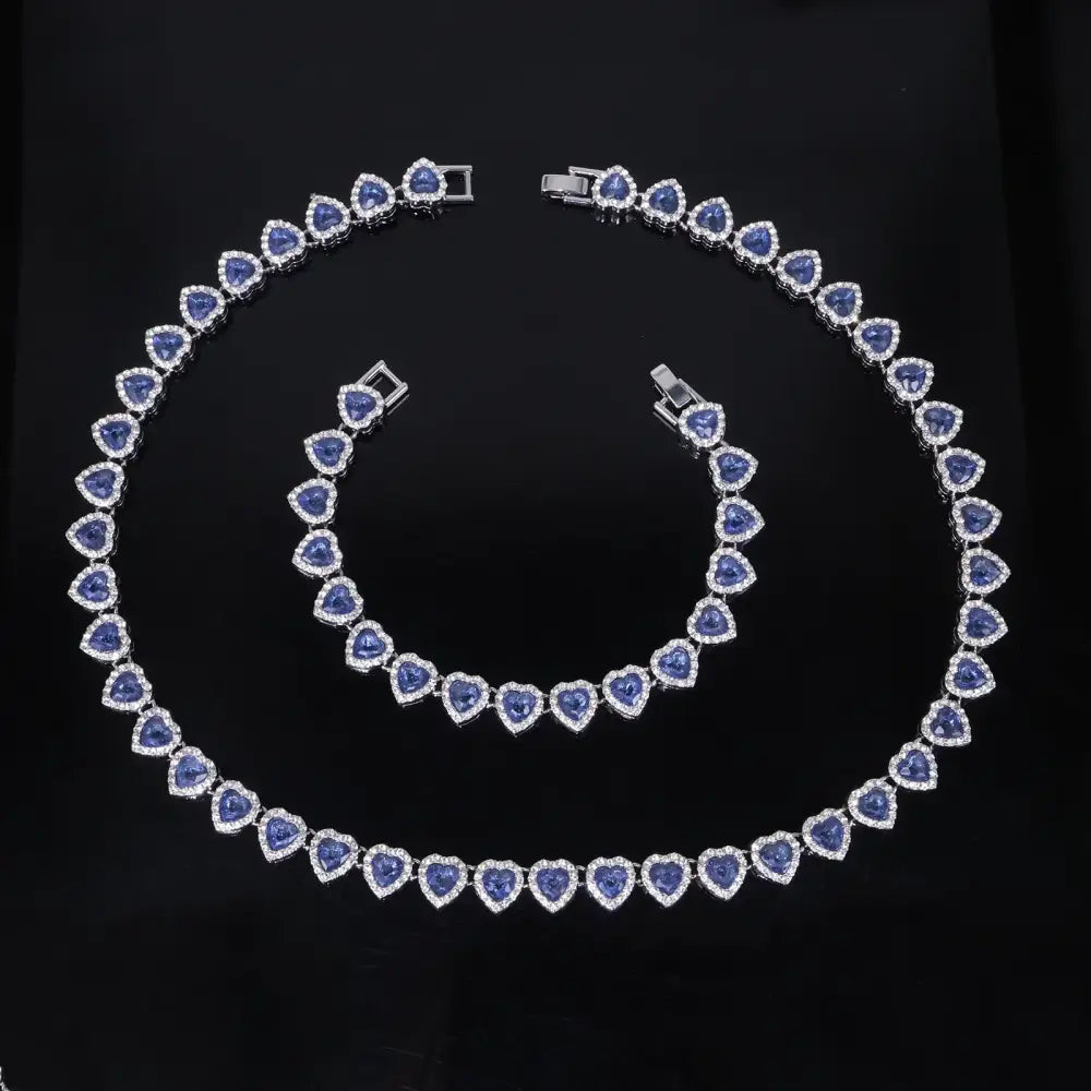 ZAKOL 45CM New Hip Hop Tennis Chain Bracelet Necklace Shiny Heart Rhinestone CZ Fashion Rock Party Jewelry Set - Blue