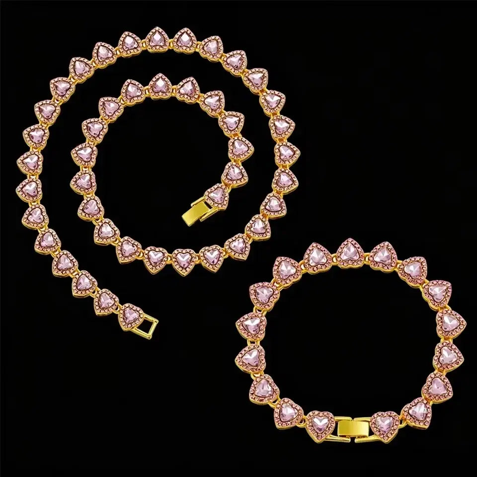 ZAKOL 45CM New Hip Hop Tennis Chain Bracelet Necklace Shiny Heart Rhinestone CZ Fashion Rock Party Jewelry Set - Pink