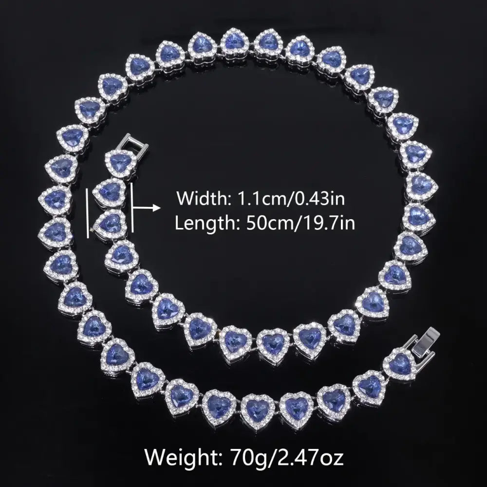 ZAKOL 45CM New Hip Hop Tennis Chain Bracelet Necklace Shiny Heart Rhinestone CZ Fashion Rock Party Jewelry Set - Blue