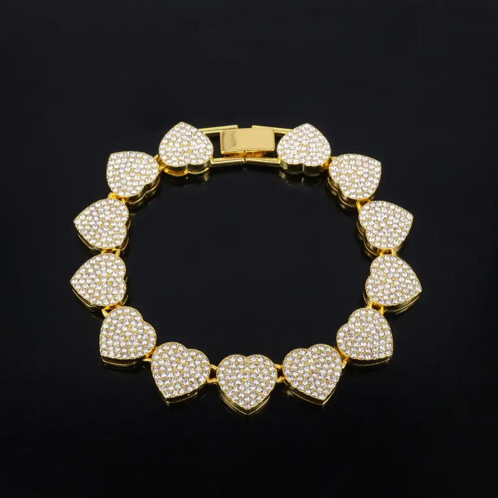 ZAKOL 45CM New Hip Hop Tennis Chain Bracelet Necklace Shiny Heart Rhinestone CZ Fashion Rock Party Jewelry Set - Gold