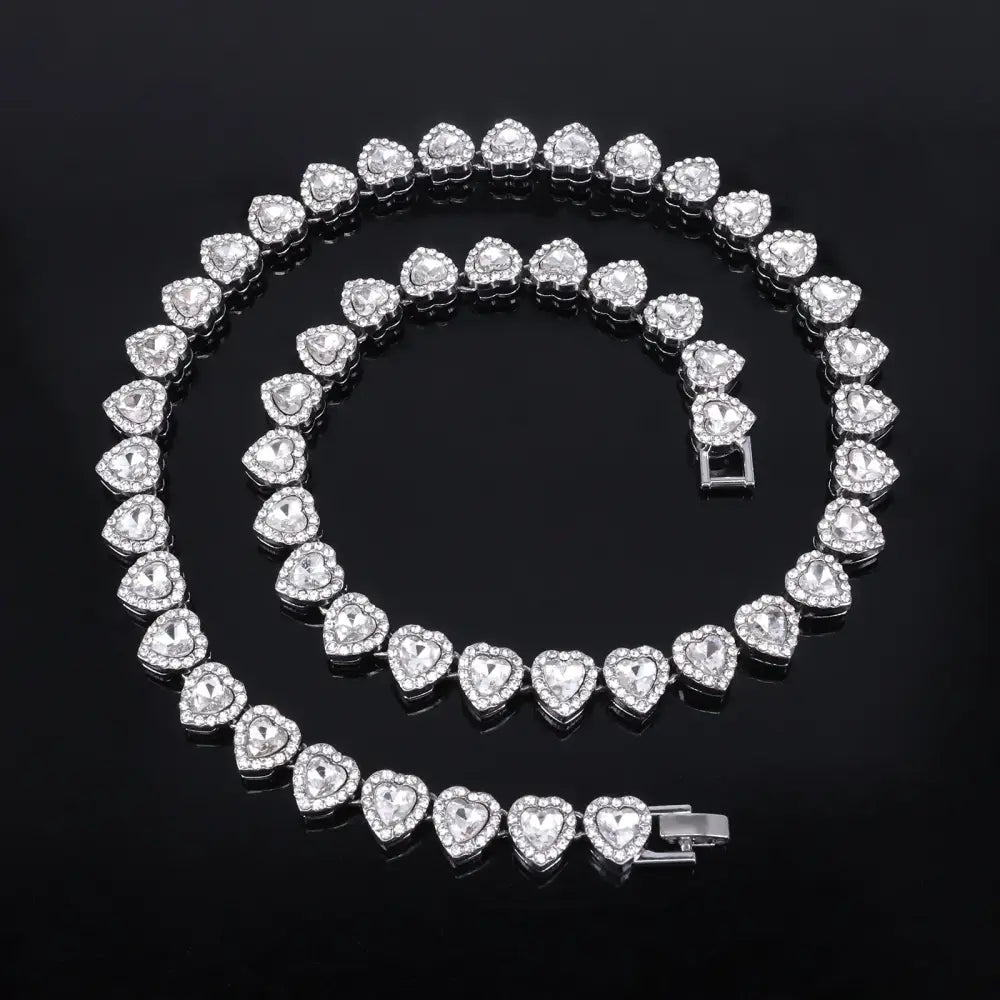 ZAKOL 45CM New Hip Hop Tennis Chain Bracelet Necklace Shiny Heart Rhinestone CZ Fashion Rock Party Jewelry Set - Womens
