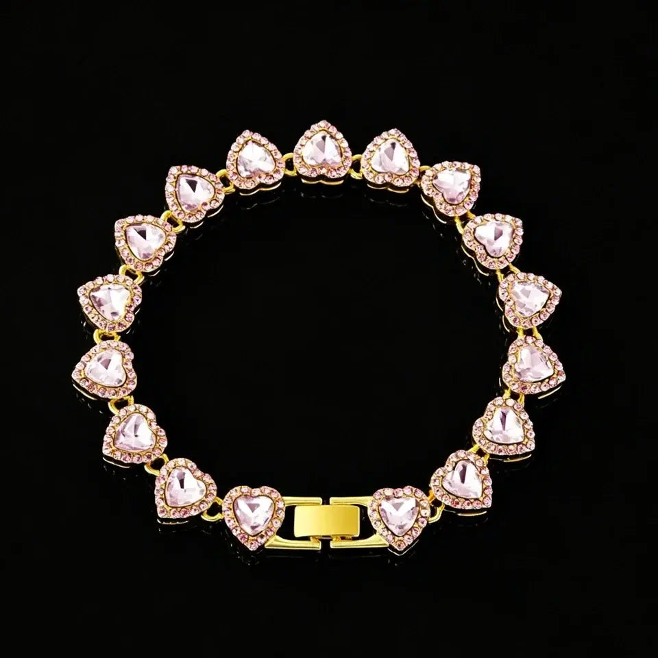ZAKOL 45CM New Hip Hop Tennis Chain Bracelet Necklace Shiny Heart Rhinestone CZ Fashion Rock Party Jewelry Set - Pink