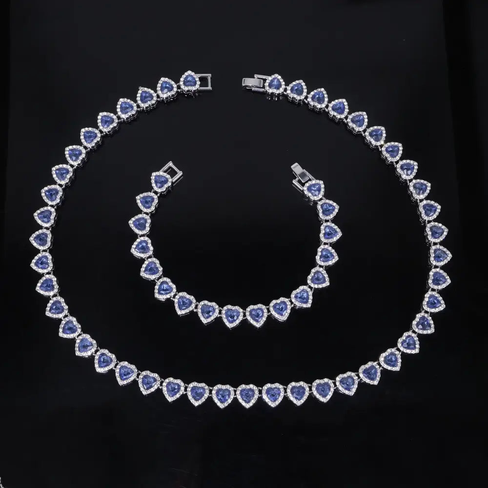 ZAKOL 45CM New Hip Hop Tennis Chain Bracelet Necklace Shiny Heart Rhinestone CZ Fashion Rock Party Jewelry Set - Blue