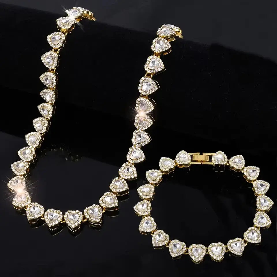 ZAKOL 45CM New Hip Hop Tennis Chain Bracelet Necklace Shiny Heart Rhinestone CZ Fashion Rock Party Jewelry Set - Gold