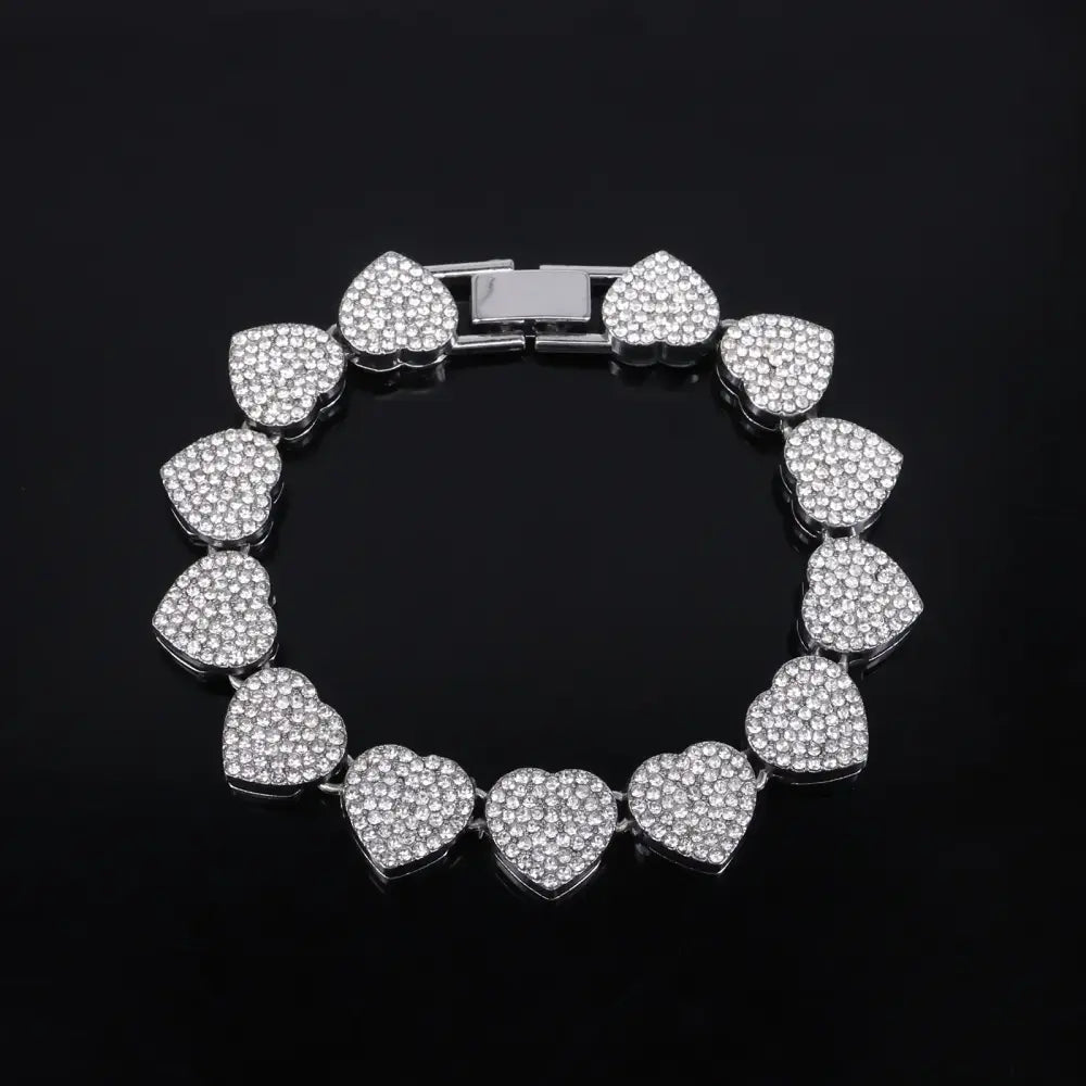 ZAKOL 45CM New Hip Hop Tennis Chain Bracelet Necklace Shiny Heart Rhinestone CZ Fashion Rock Party Jewelry Set - Sliver