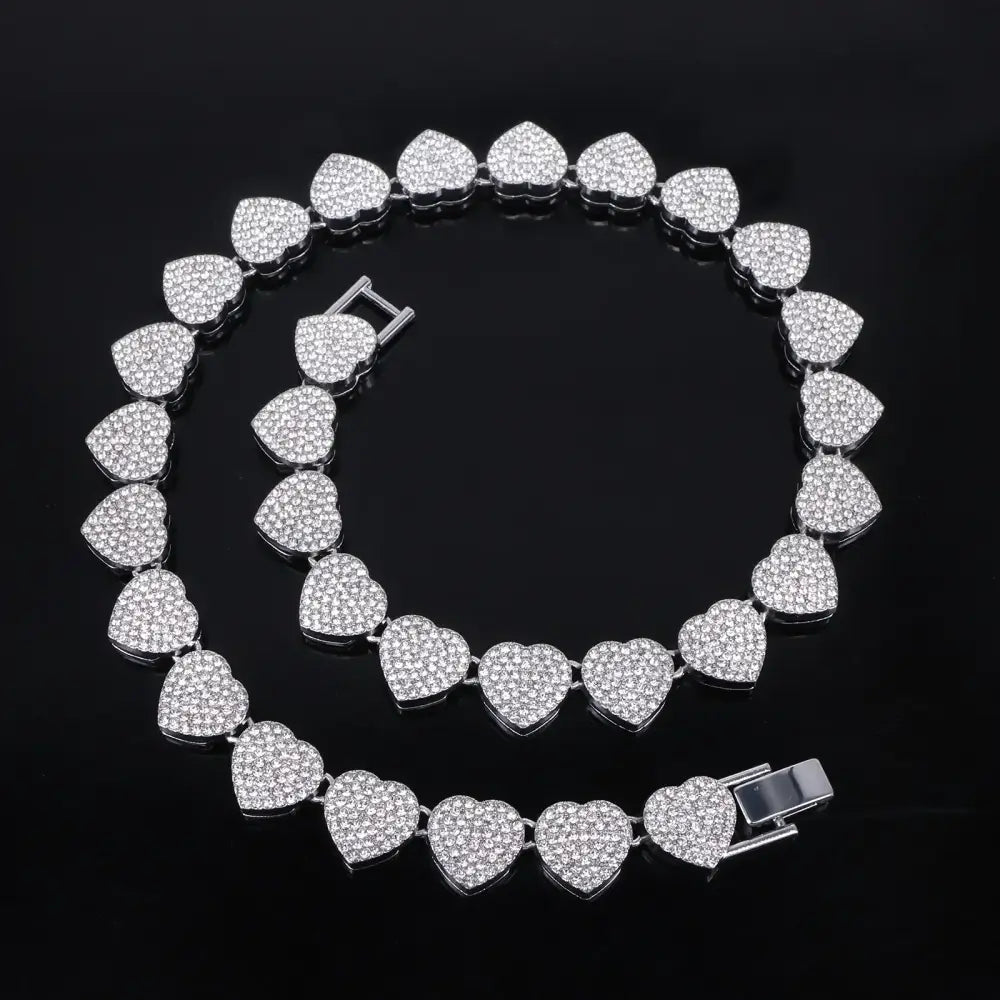 ZAKOL 45CM New Hip Hop Tennis Chain Bracelet Necklace Shiny Heart Rhinestone CZ Fashion Rock Party Jewelry Set - Sliver