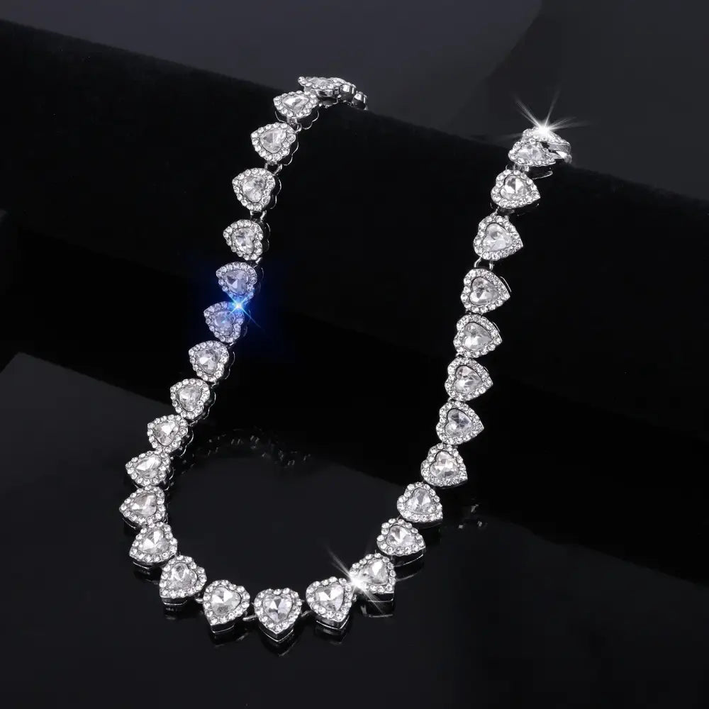 ZAKOL 45CM New Hip Hop Tennis Chain Bracelet Necklace Shiny Heart Rhinestone CZ Fashion Rock Party Jewelry Set - Sliver