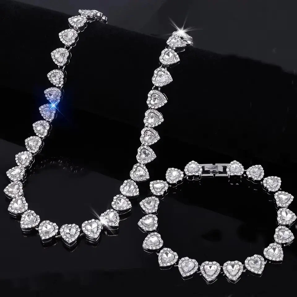 ZAKOL 45CM New Hip Hop Tennis Chain Bracelet Necklace Shiny Heart Rhinestone CZ Fashion Rock Party Jewelry Set - Sliver