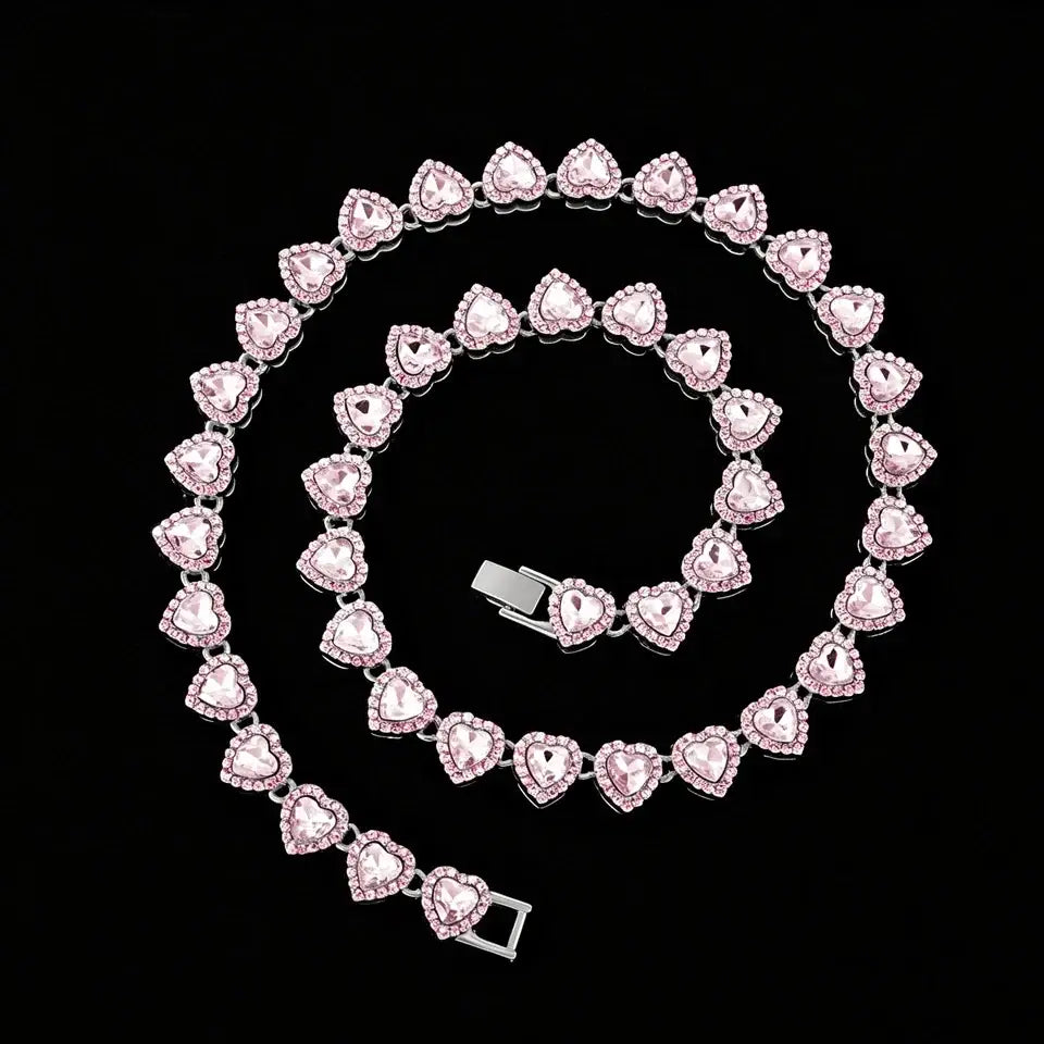 ZAKOL 45CM New Hip Hop Tennis Chain Bracelet Necklace Shiny Heart Rhinestone CZ Fashion Rock Party Jewelry Set - Womens