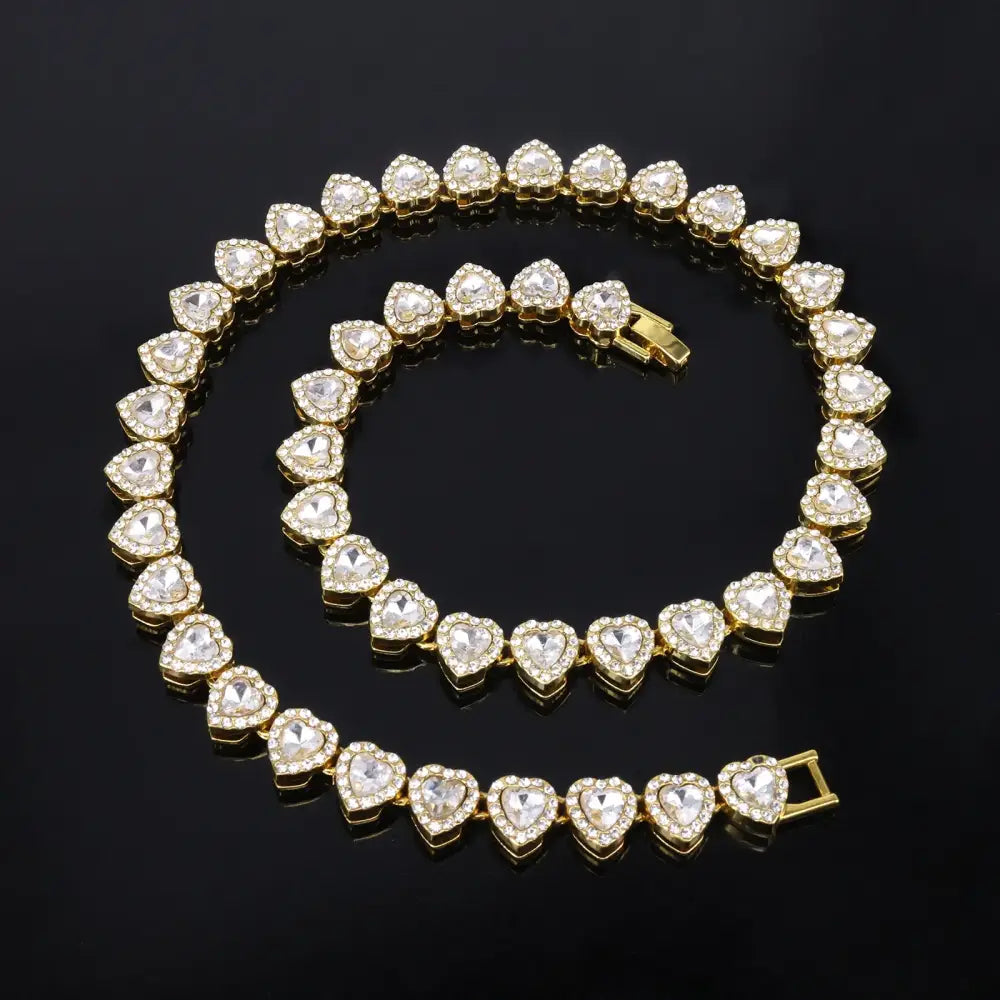 ZAKOL 45CM New Hip Hop Tennis Chain Bracelet Necklace Shiny Heart Rhinestone CZ Fashion Rock Party Jewelry Set - Womens