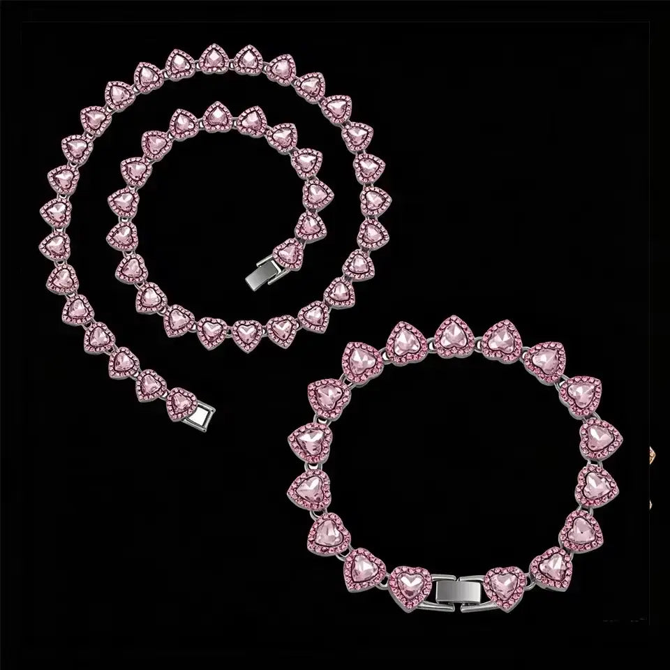 ZAKOL 45CM New Hip Hop Tennis Chain Bracelet Necklace Shiny Heart Rhinestone CZ Fashion Rock Party Jewelry Set - Womens
