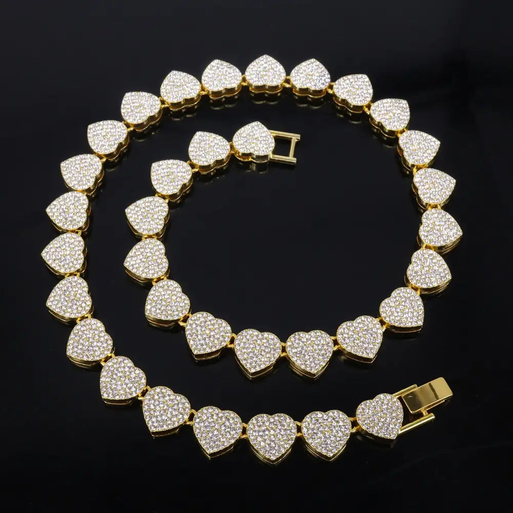ZAKOL 45CM New Hip Hop Tennis Chain Bracelet Necklace Shiny Heart Rhinestone CZ Fashion Rock Party Jewelry Set - Gold