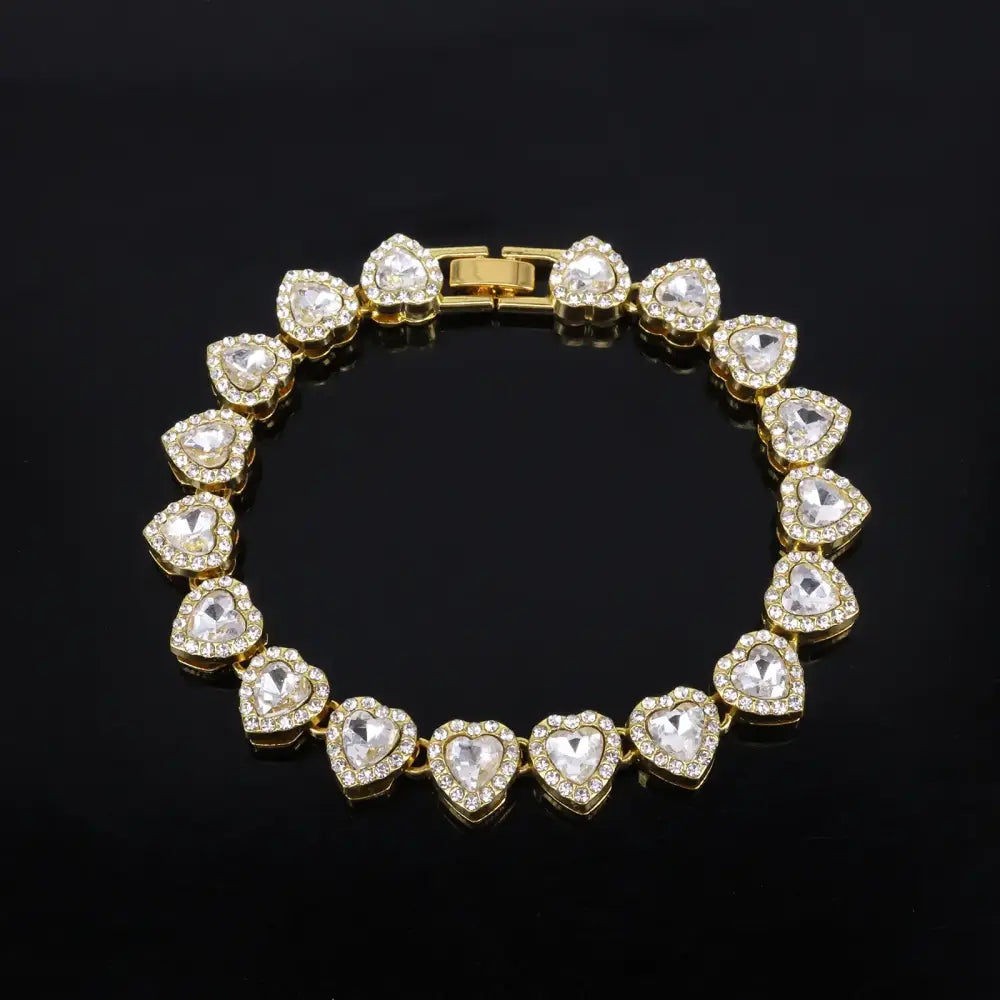 ZAKOL 45CM New Hip Hop Tennis Chain Bracelet Necklace Shiny Heart Rhinestone CZ Fashion Rock Party Jewelry Set - Gold