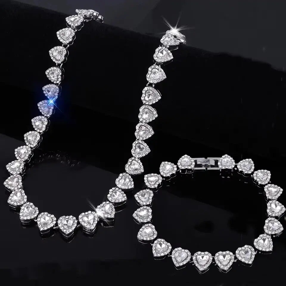 ZAKOL 45CM New Hip Hop Tennis Chain Bracelet Necklace Shiny Heart Rhinestone CZ Fashion Rock Party Jewelry Set - Sliver