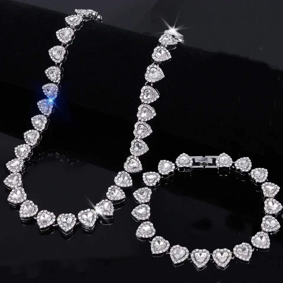 ZAKOL 45CM New Hip Hop Tennis Chain Bracelet Necklace Shiny Heart Rhinestone CZ Fashion Rock Party Jewelry Set - Gold