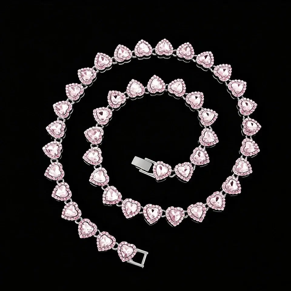 ZAKOL 45CM New Hip Hop Tennis Chain Bracelet Necklace Shiny Heart Rhinestone CZ Fashion Rock Party Jewelry Set - Pink