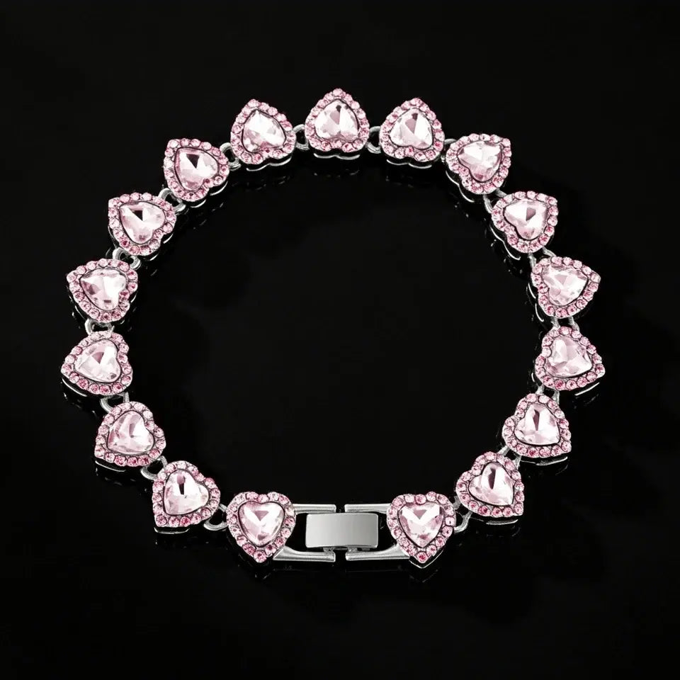 ZAKOL 45CM New Hip Hop Tennis Chain Bracelet Necklace Shiny Heart Rhinestone CZ Fashion Rock Party Jewelry Set - Pink