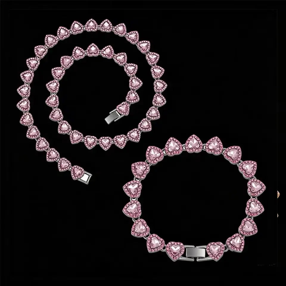 ZAKOL 45CM New Hip Hop Tennis Chain Bracelet Necklace Shiny Heart Rhinestone CZ Fashion Rock Party Jewelry Set - Pink