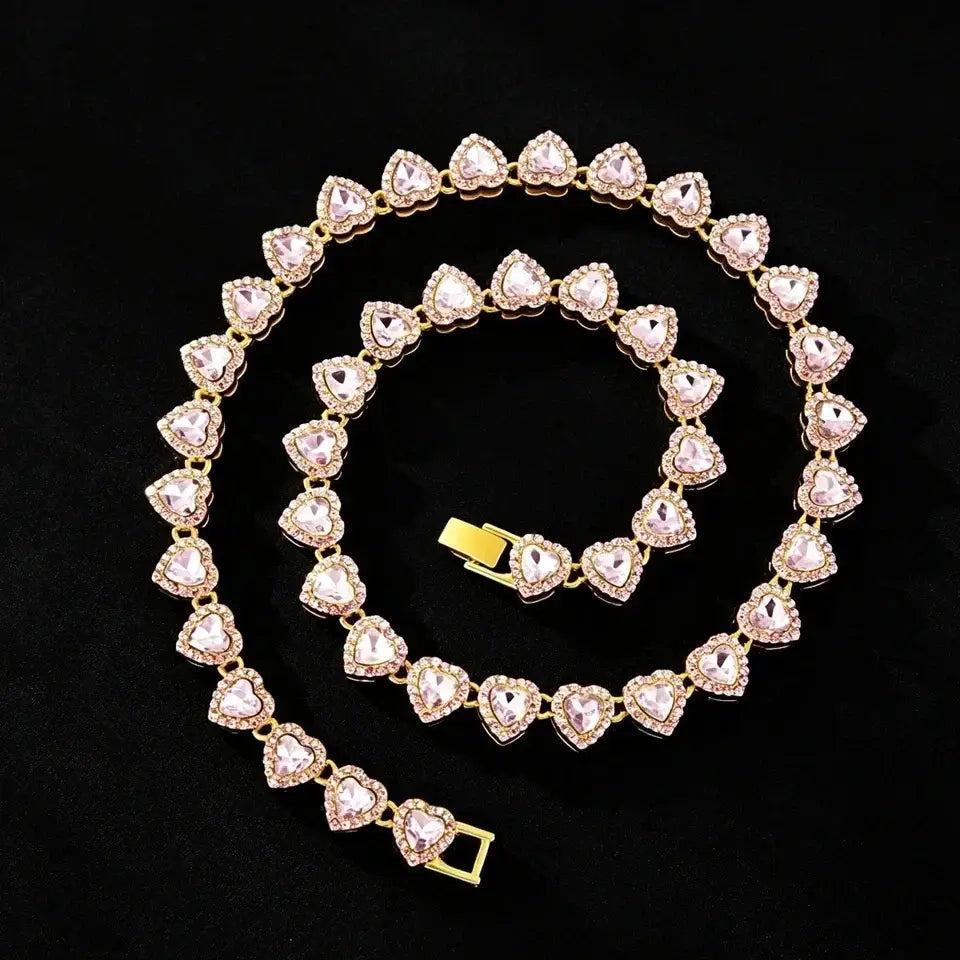 ZAKOL 45CM New Hip Hop Tennis Chain Bracelet Necklace Shiny Heart Rhinestone CZ Fashion Rock Party Jewelry Set - Pink