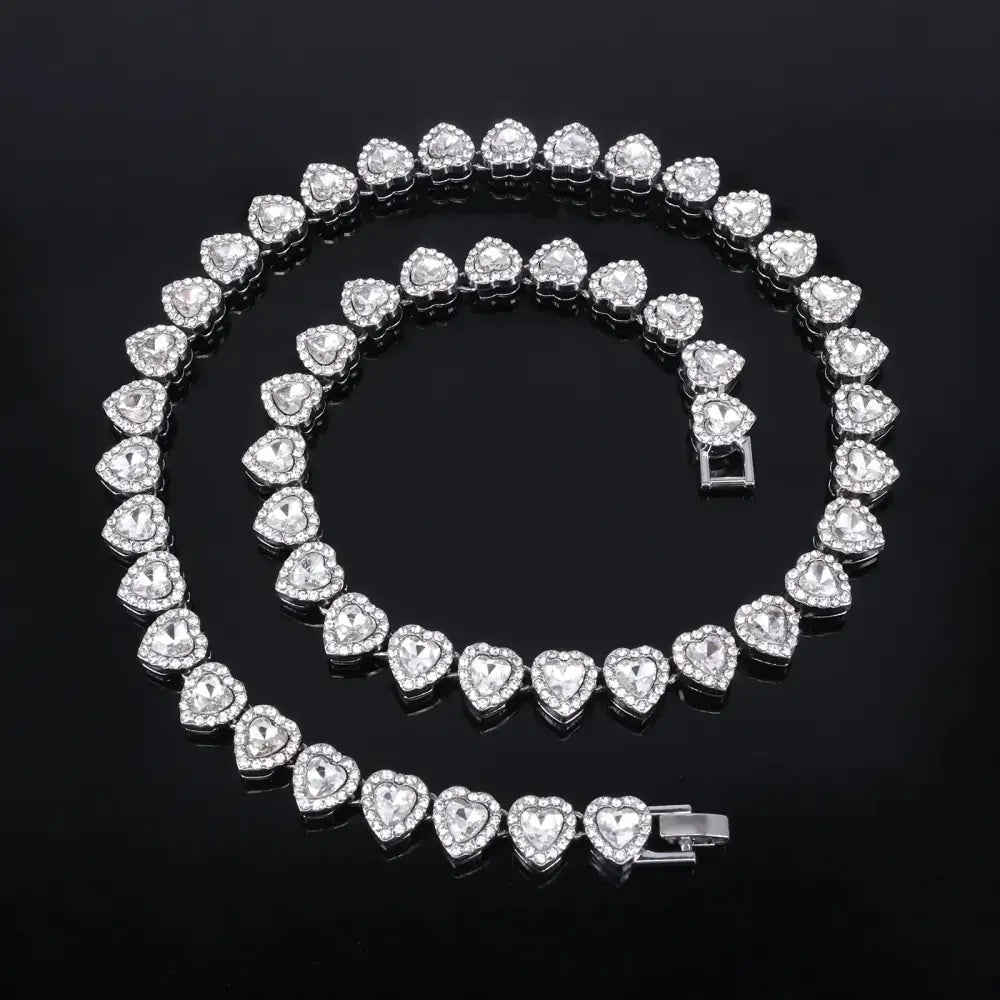 ZAKOL 45CM New Hip Hop Tennis Chain Bracelet Necklace Shiny Heart Rhinestone CZ Fashion Rock Party Jewelry Set