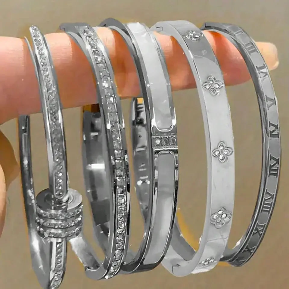 ZAKOL 5/1pcs Sparkling Zirconia Inlaid Stainless Steel Bracelet Set for Women Stackable Bangles Fashion Non Fading